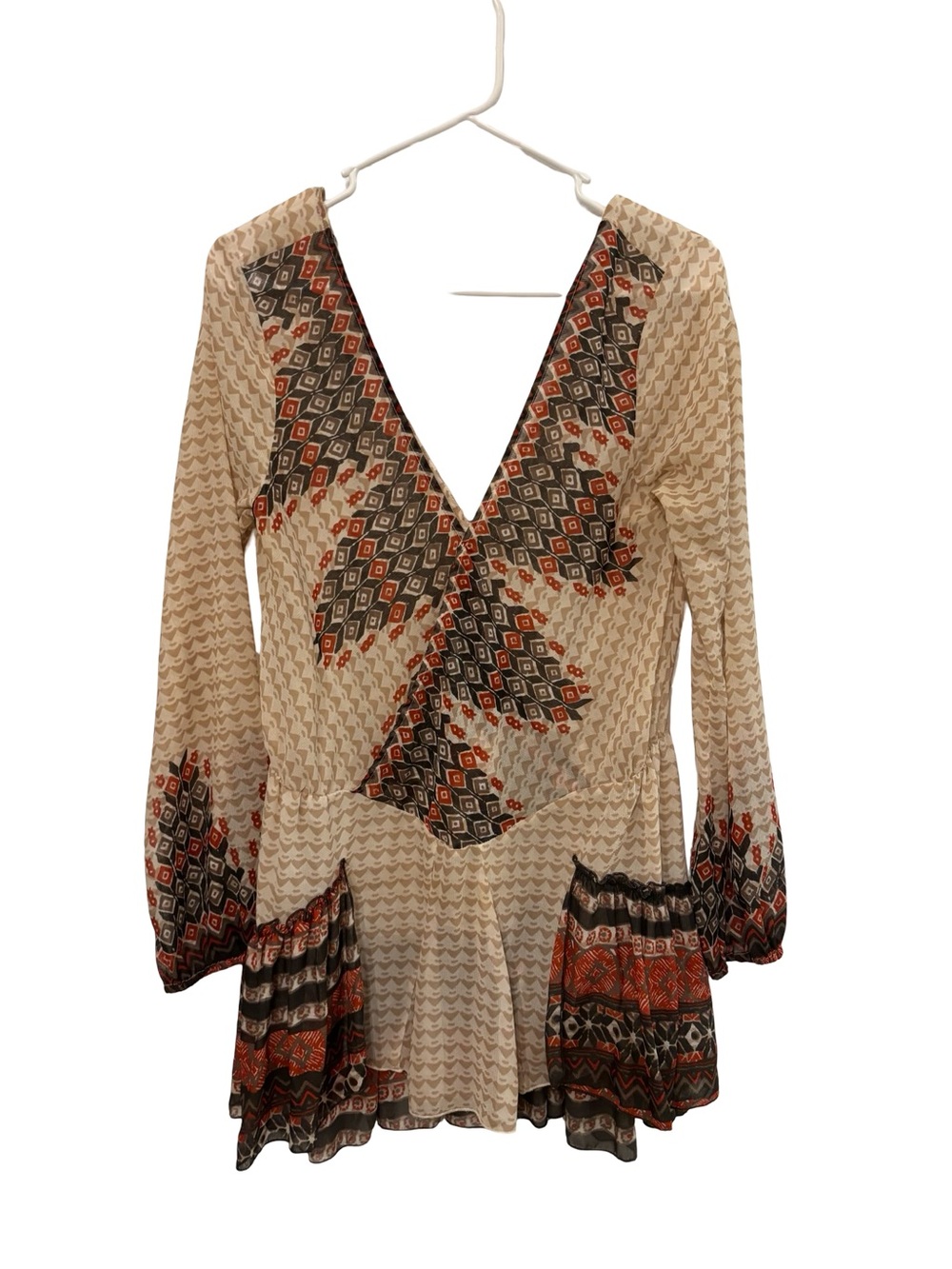 Free People Boho Fall V-Neck Printed Long Sleeve Top - Beige and Rust